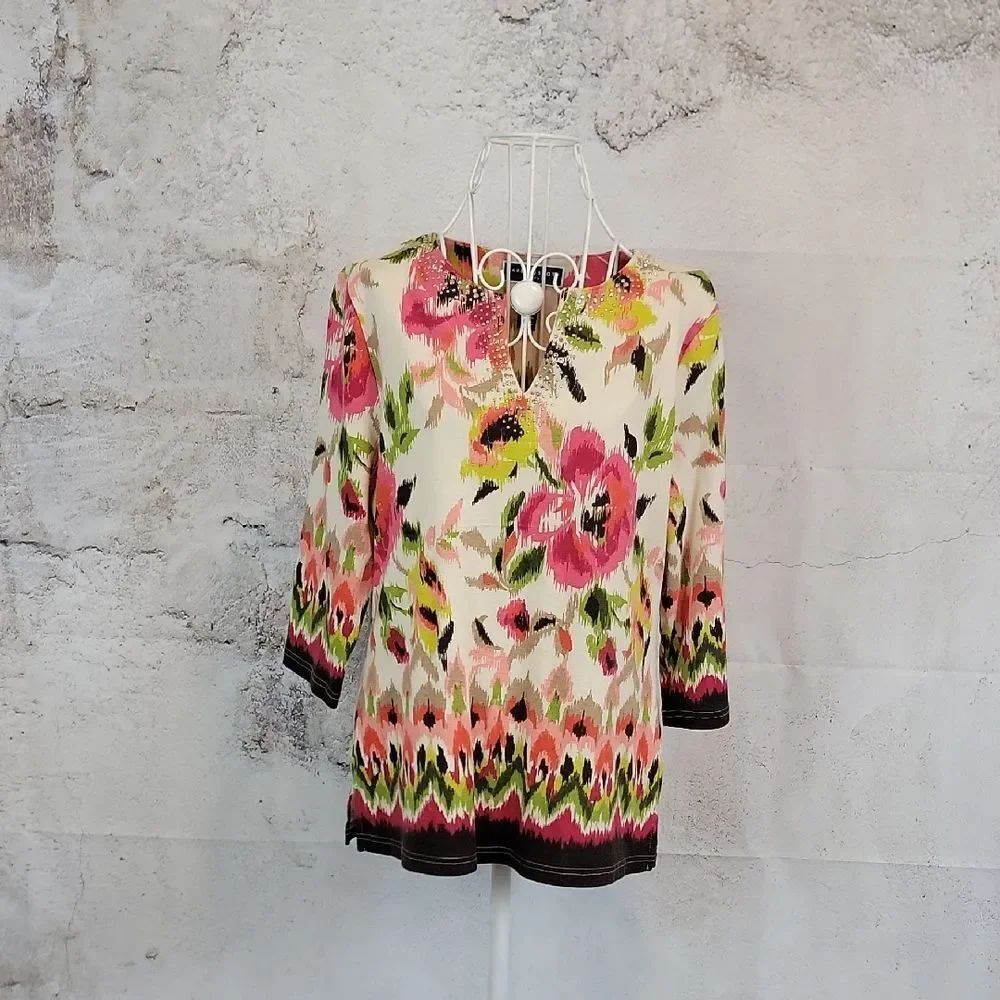 Karen Scott Petites Floral Print Tunic Top Womens Size L Petite